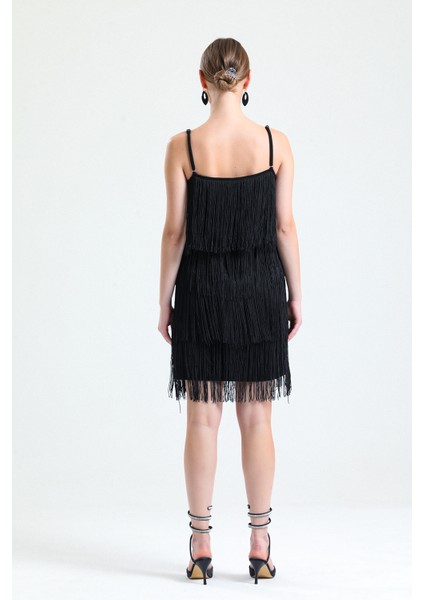 Ip Sacaklı Abiye Scuba Krep Mini Elbise | ELB34822 Siyah indirimleri