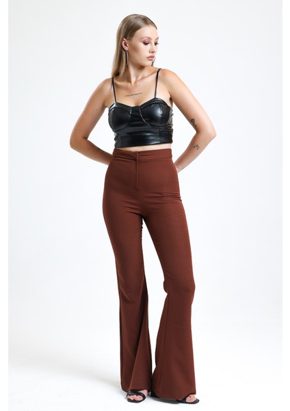Ispanyol Paça Fermuarlı Cepli Hürrem Pantolon | PNT35010 Kahve fiyatları