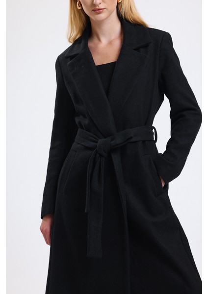 Yırtmaç Detaylı Kuşaklı Uzun Kaşe Kaban | KBN34637 fırsatları