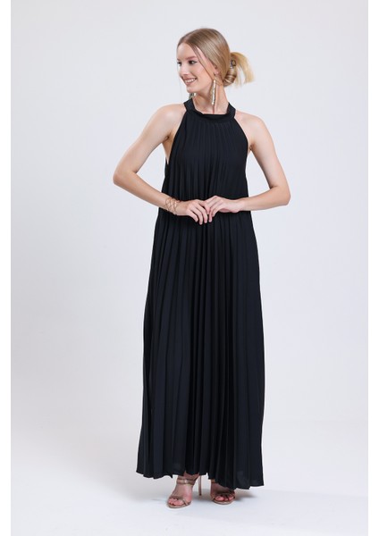 Piliseli Uzun Abiye Saten Elbise | ELB35127 Siyah