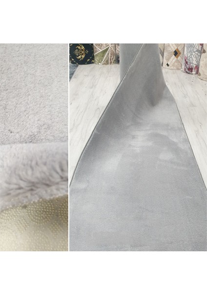 Kaymaz Taban Açık Gri Yıkanabilir Kesme Yolluk Peluş Halı 100 x 950 cm