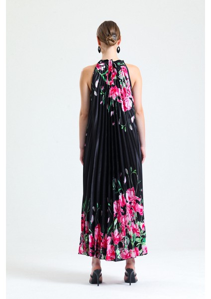 Piliseli Dijital Baskili Saten Elbise Elb34513 Siyah Çiçekli indirimleri