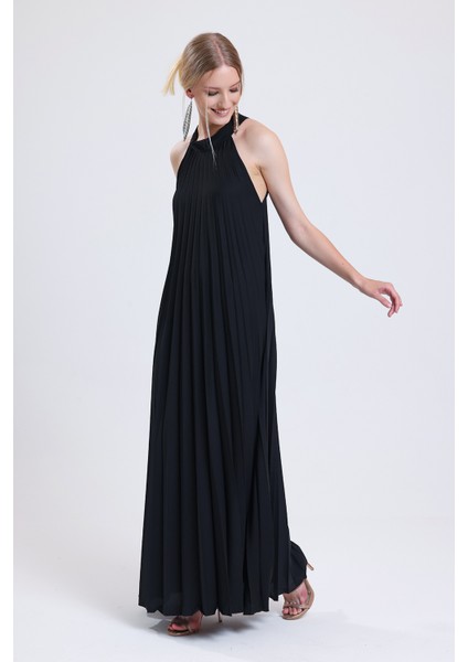 Piliseli Uzun Abiye Saten Elbise | ELB35127 Siyah fiyatları