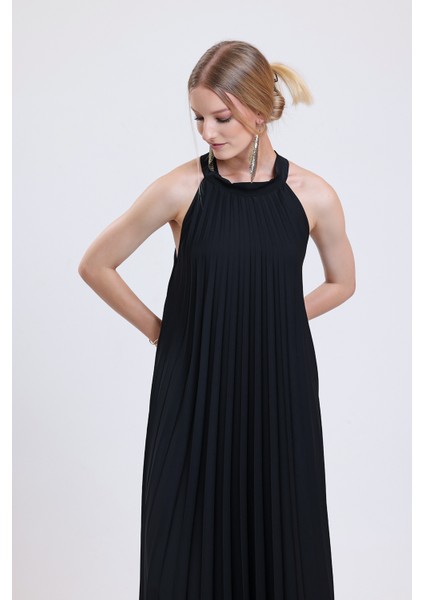 Piliseli Uzun Abiye Saten Elbise | ELB35127 Siyah fırsatları