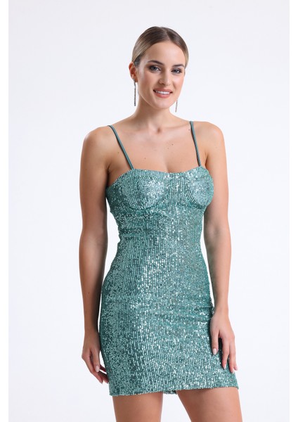 Arkası Fermuarli Askılı Gloplu Payet Elbise | ELB35062 Yesıl