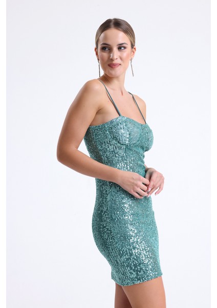 Arkası Fermuarli Askılı Gloplu Payet Elbise | ELB35062 Yesıl fiyatları