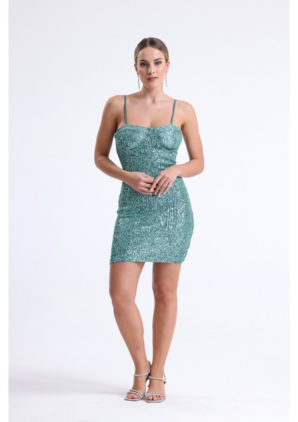 Arkası Fermuarli Askılı Gloplu Payet Elbise | ELB35062 Yesıl modelleri