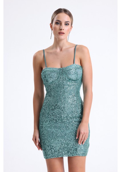 Arkası Fermuarli Askılı Gloplu Payet Elbise | ELB35062 Yesıl fırsatları