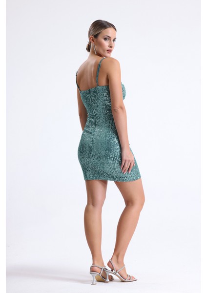 Arkası Fermuarli Askılı Gloplu Payet Elbise | ELB35062 Yesıl indirimleri