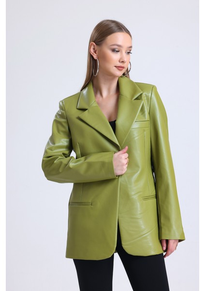 Kadın Suni Deri Büyük Beden Deri Ceket | CKT33280 Yağ Yeşili