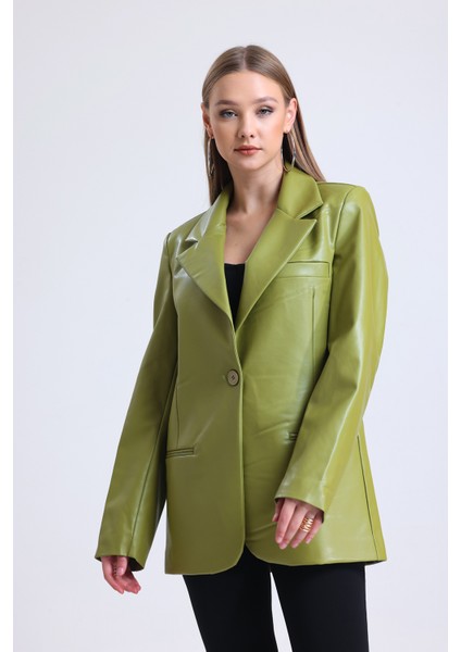 Kadın Suni Deri Büyük Beden Deri Ceket | CKT33280 Yağ Yeşili fiyatları