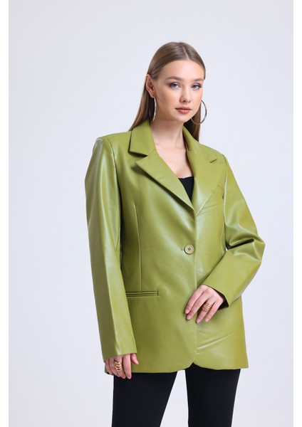 Kadın Suni Deri Büyük Beden Deri Ceket | CKT33280 Yağ Yeşili modelleri