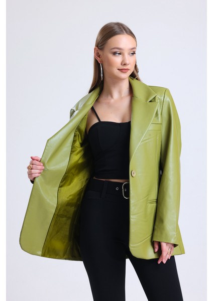 Kadın Suni Deri Büyük Beden Deri Ceket | CKT33280 Yağ Yeşili fırsatları