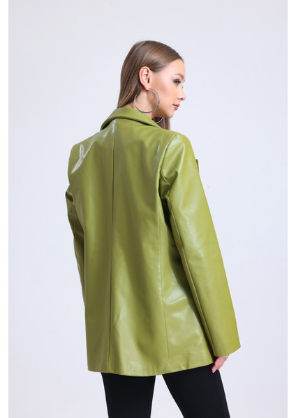 Kadın Suni Deri Büyük Beden Deri Ceket | CKT33280 Yağ Yeşili indirimleri