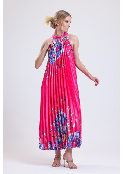 Piliseli Dijital Baskili Saten Elbise Elb34513 Fuşya Çiçekli