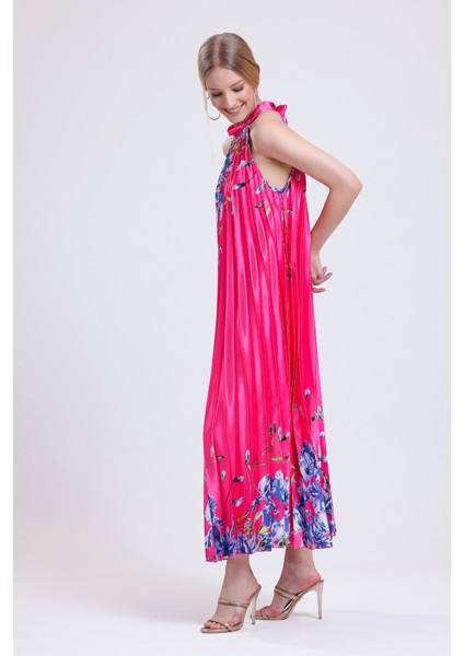 Piliseli Dijital Baskili Saten Elbise Elb34513 Fuşya Çiçekli fiyatları
