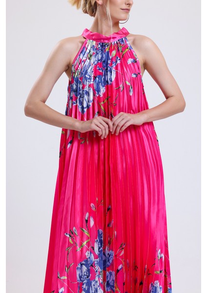 Piliseli Dijital Baskili Saten Elbise Elb34513 Fuşya Çiçekli fırsatları
