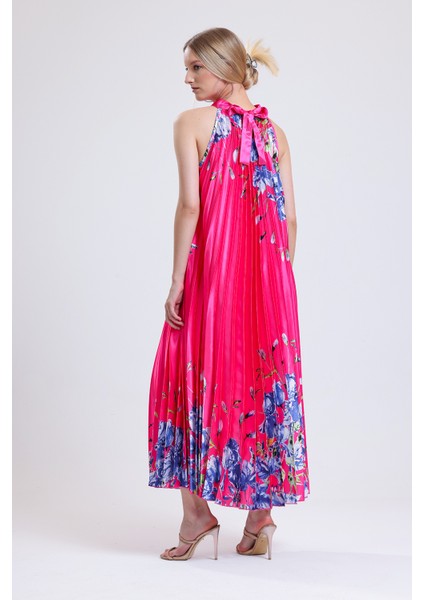 Piliseli Dijital Baskili Saten Elbise Elb34513 Fuşya Çiçekli indirimleri