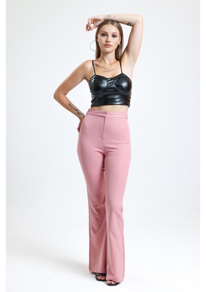 Ispanyol Paça Fermuarlı Cepli Hürrem Pantolon | PNT35010 Pudra