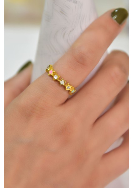 925 Ayar Gümüş Yüzük Gold Kaplama Ayarlanabilir Zirkon Taşlı Renkli Mineli Yıldız Yüzük Model1