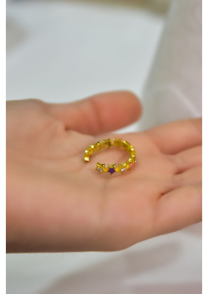925 Ayar Gümüş Yüzük Gold Kaplama Ayarlanabilir Zirkon Taşlı Renkli Mineli Yıldız Yüzük Model1 fiyatları