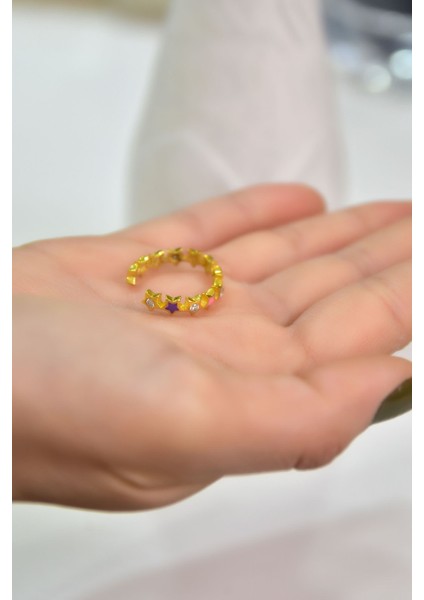 925 Ayar Gümüş Yüzük Gold Kaplama Ayarlanabilir Zirkon Taşlı Renkli Mineli Yıldız Yüzük Model1 modelleri
