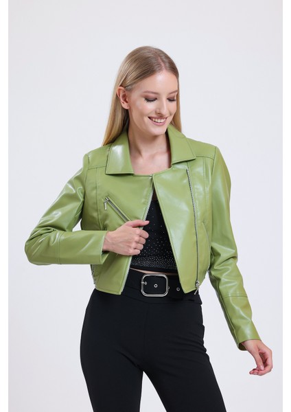 Fermuar Detaylı Sunı Deri Motorcu Montu | CKT34499 Olive