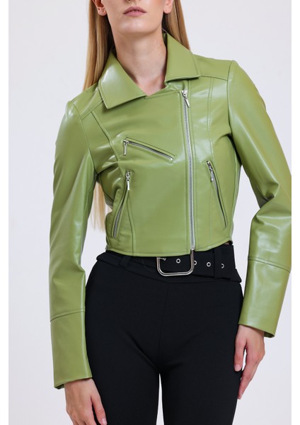 Fermuar Detaylı Sunı Deri Motorcu Montu | CKT34499 Olive modelleri