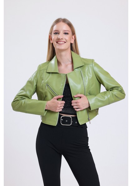 Fermuar Detaylı Sunı Deri Motorcu Montu | CKT34499 Olive fırsatları