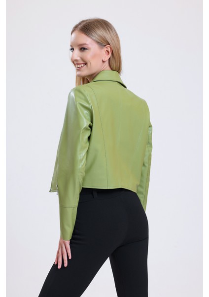 Fermuar Detaylı Sunı Deri Motorcu Montu | CKT34499 Olive indirimleri