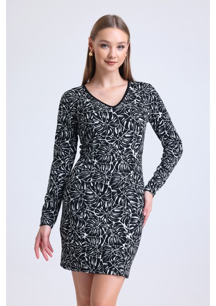 Uzun Kol Jakarlı Mini Elibise Elb35094