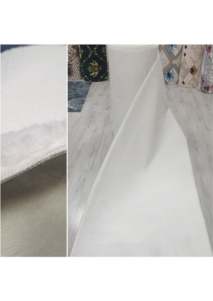 Kaymaz Taban Beyaz Yıkanabilir Kesme Yolluk Peluş Halı 100 x 950 cm