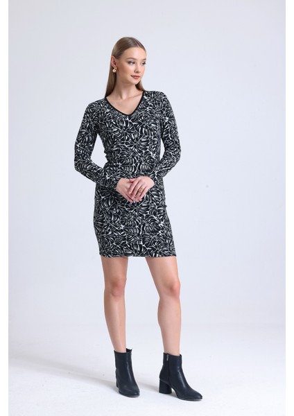 Uzun Kol Jakarlı Mini Elibise Elb35094 fiyatları