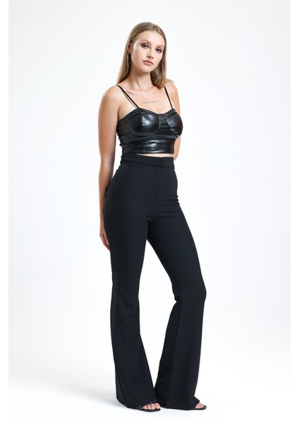 Ispanyol Paça Fermuarlı Cepli Hürrem Pantolon | PNT35010 Siyah