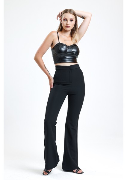 Ispanyol Paça Fermuarlı Cepli Hürrem Pantolon | PNT35010 Siyah modelleri