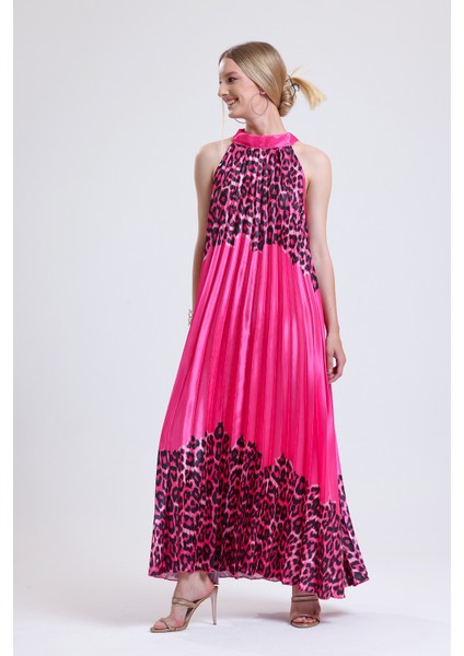 Piliseli Dijital Baskili Saten Elbise Elb34513 Fuşya Leopar modelleri