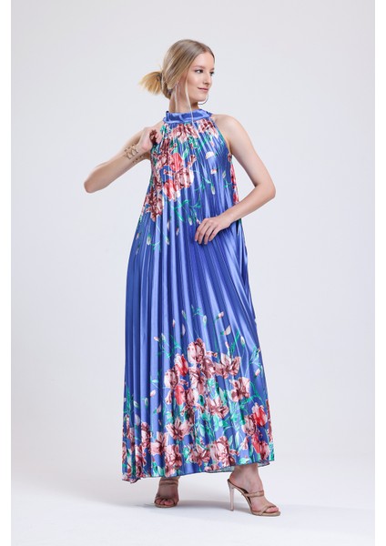 Piliseli Dijital Baskili Saten Elbise Elb34513 Gökkuşağı