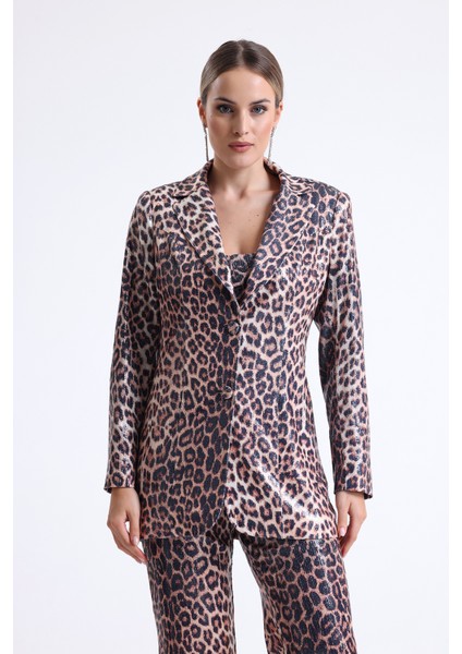 Ici Astarlı Leopar Desenli Abiye Pul Payet Ceket | CKT34264 Kzıl Leopar