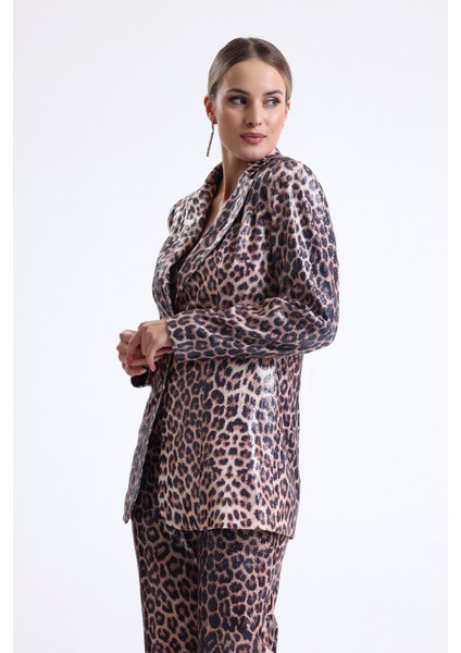 Ici Astarlı Leopar Desenli Abiye Pul Payet Ceket | CKT34264 Kzıl Leopar