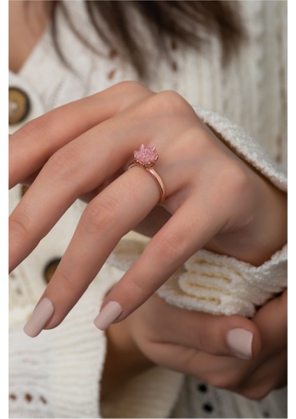 Pembe Taşlı Lotus Çiçeği Kadın Yüzüğü Ayarlanabilir Rose Gold Kaplama 925 Ayar Gümüş Yüzük fiyatları