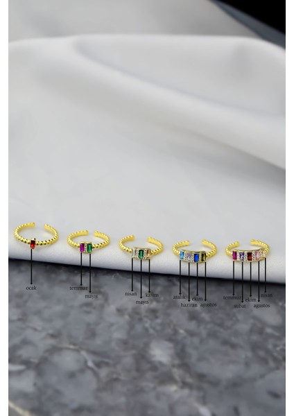 925 Ayar Gümüş Yüzük Gold Kaplama Ayarlanabilir Zirkon Taşlı, Baget Doğum Taşlı Yüzük