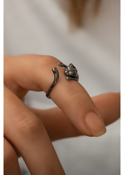 925 Ayar Siyah Rodyum Kaplama Gümüş Kedi Yüzük fiyatları
