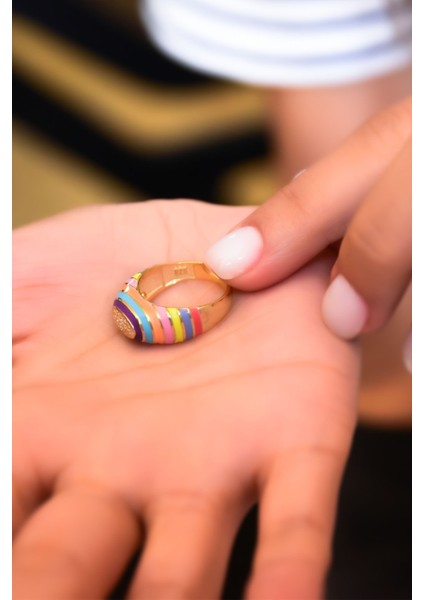 925 Ayar Gümüş Yüzük Altın Kaplama Renkli Mineli Ayarlanabilir Taşlı Yüzük