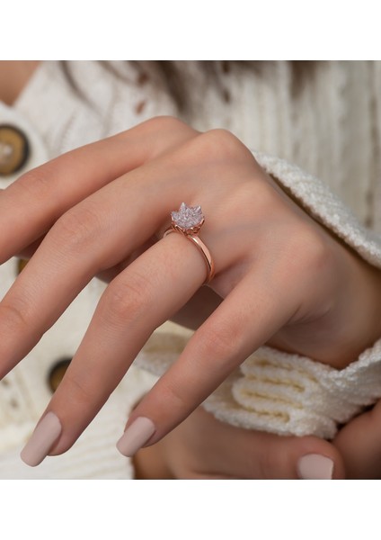 925 Ayar Gümüş Rose Kaplama Ayarlanabilir Beyaz Lotus Çiçeği Yüzük