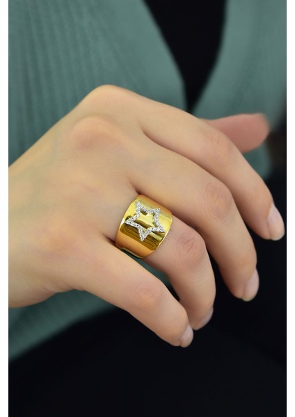 925 Ayar Gümüş Yüzük Gold Kaplama Taşlı Yıldız Yüzük