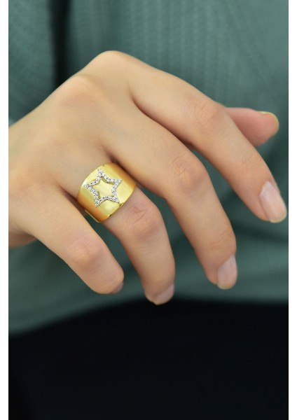 925 Ayar Gümüş Yüzük Gold Kaplama Taşlı Yıldız Yüzük fiyatları