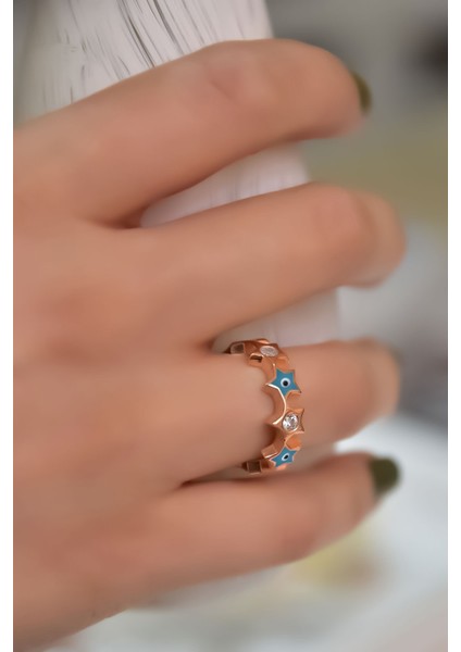 925 Ayar Gümüş Yüzük Rose Kaplama Ayarlanabilir Zirkon Taşlı Renkli Firuze Nazar Mineli Yıldız Yüzük