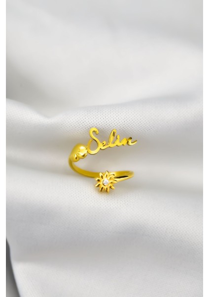 925 Ayar Gümüş Yüzük Gold Kaplama Ayarlanabilir Güneş, Kalp Isimli Yüzük