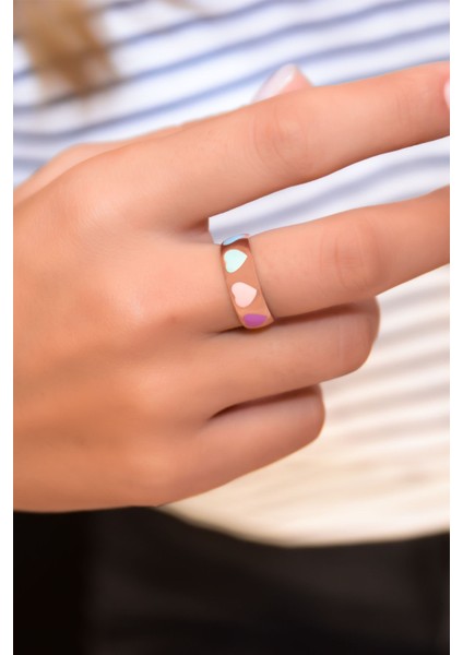 925 Ayar Gümüş Yüzük Rose Kaplama Mineli Kalp Ayarlanabilir Bombeli Yüzük