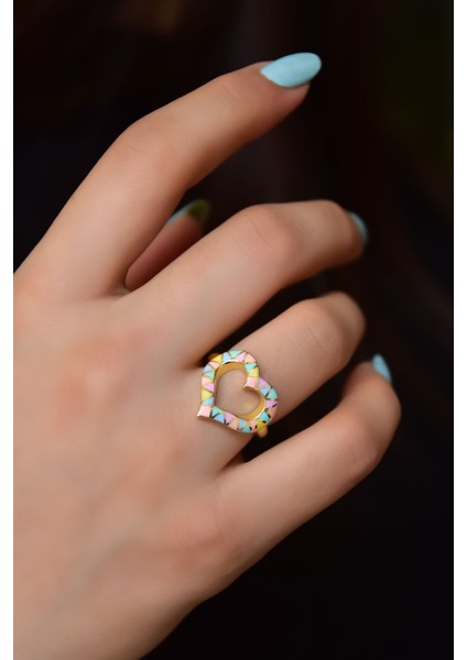 925 Ayar Gümüş Yüzük Gold Kaplama Ayarlanabilir Renkli Mineli Kalp Yüzük